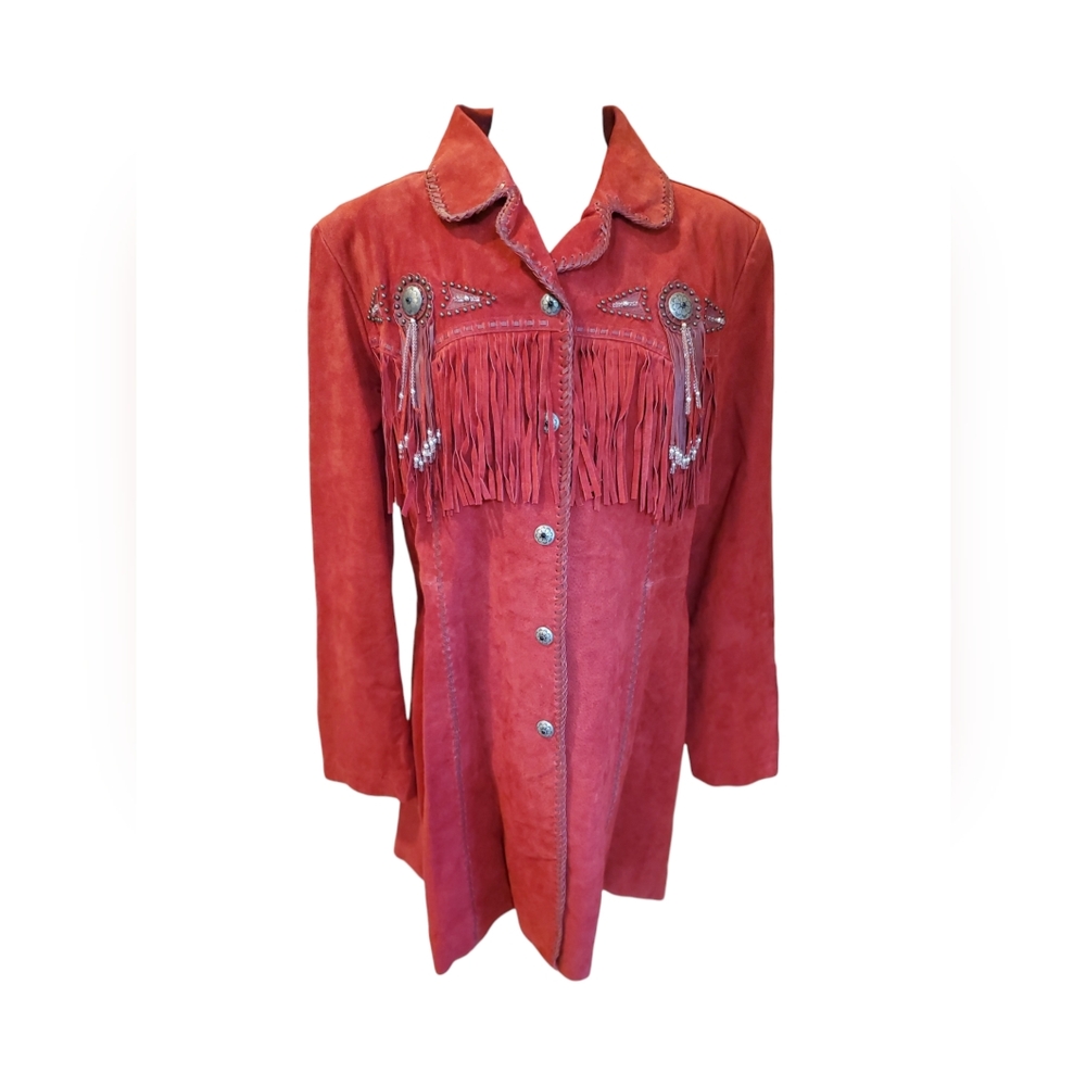 Scully NWT Red Long Leather Suade Jacket With Fringe & Silver Embellishments XXL